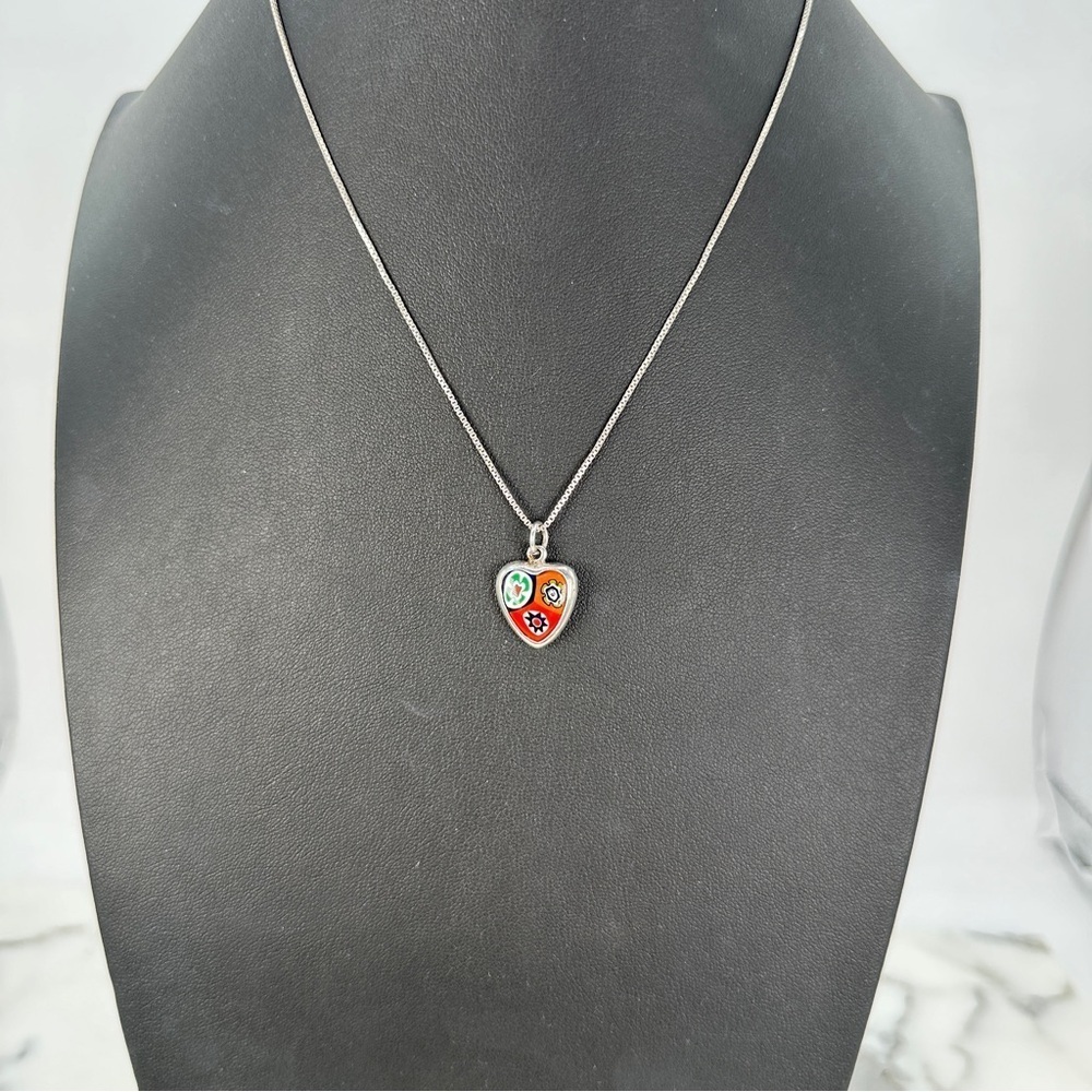 Vintage Millefiori Heart Necklace Italian 925 Sterling Silver Box Chain Red Blue - Picture 5 of 11
